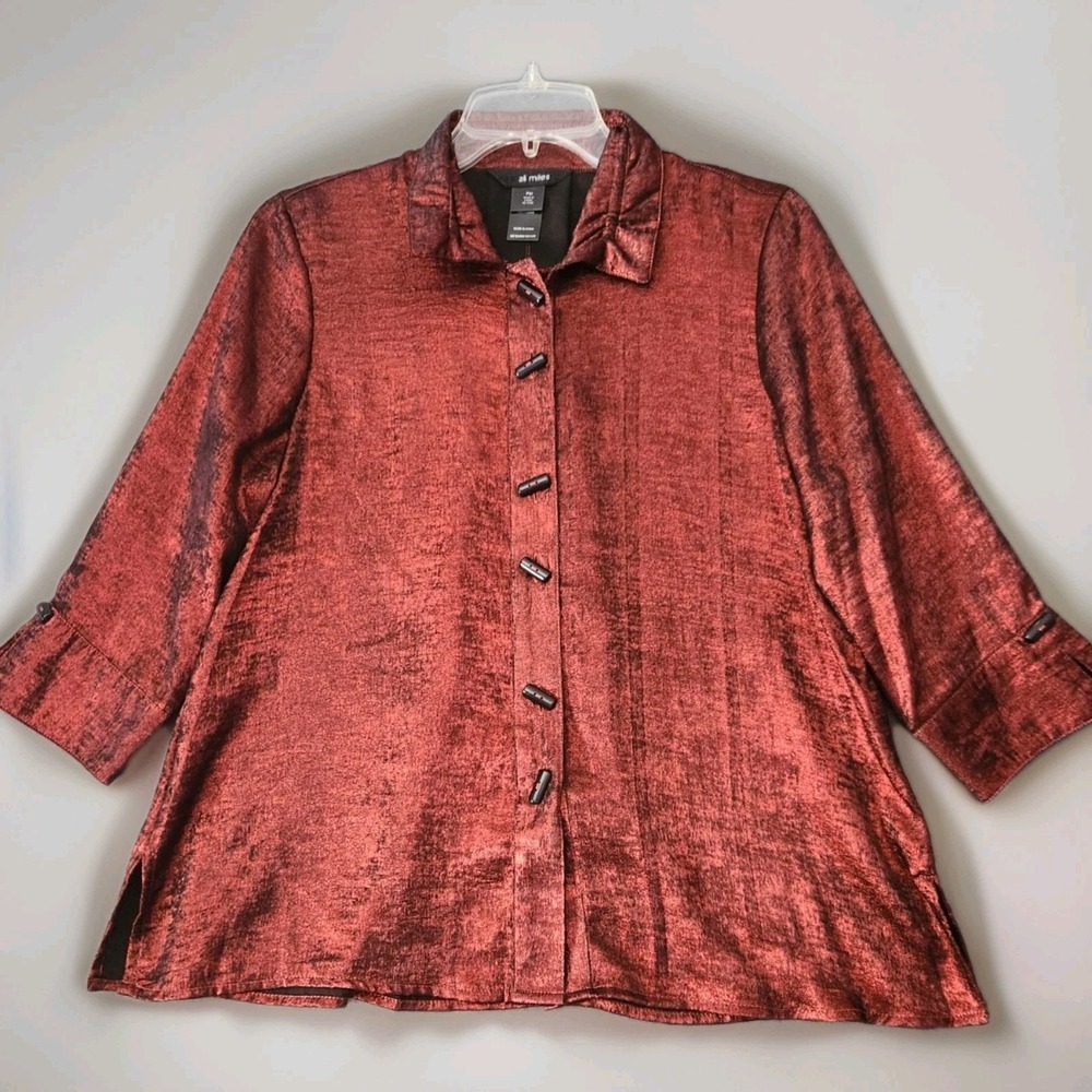 NWT Ali Miles Burgundy Red Shimmer Chic Wired Collar Button Front Shirt Top PM